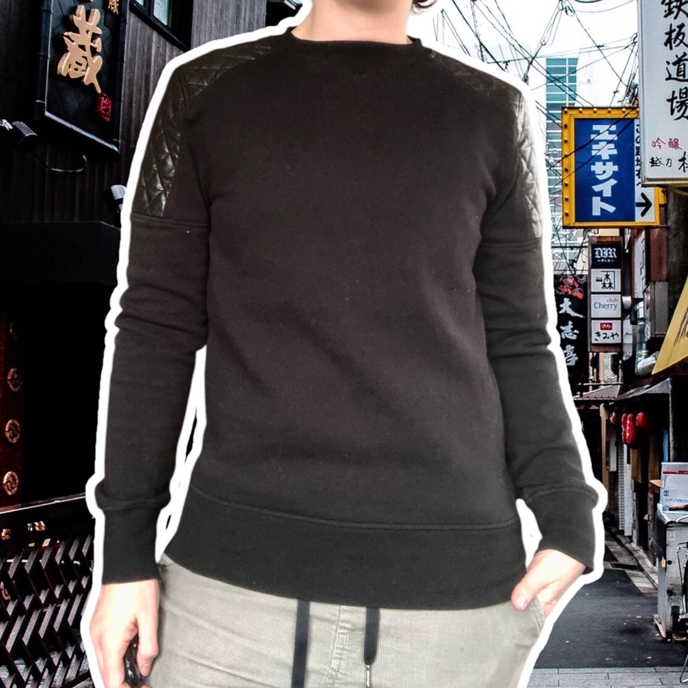 H&M Divided Black Moto Sweatshirt with Quilted Vegan Leather Shoulders, Size XS